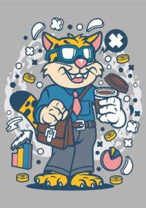 Raus aus dem Klassenzimmer. hinein in die Praxis! Schülerpraktikum, Symbolbild: humanisierte Katze mit Arbeitsutensilien