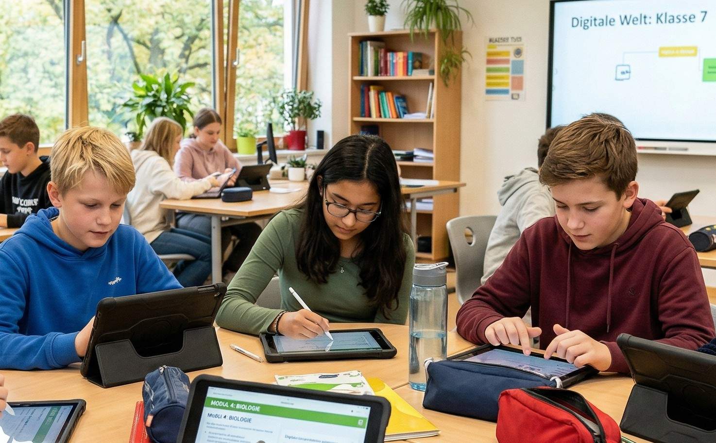 Digitale Welt: Schüler mit Tablets am Tisch des Klassenzimmers