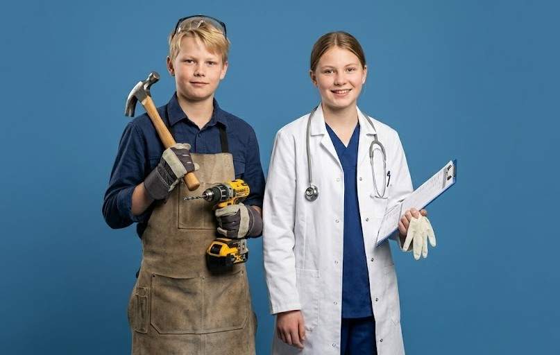 Zukunftstag 2026 IGS Friesland-Süd: Junge und Mädchen mit Arbeitskleidung eines Handwerkers und einer Ärztin